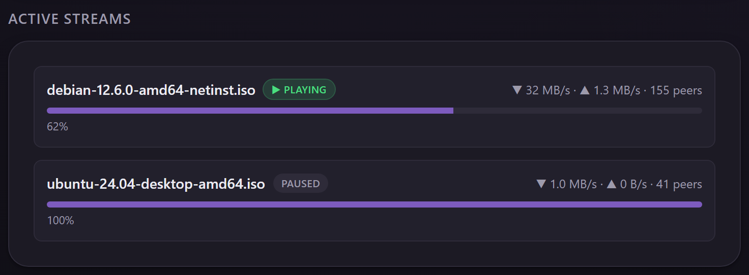 Appliance web admin: active streams showing what is playing versus seeding, with live speeds and peers