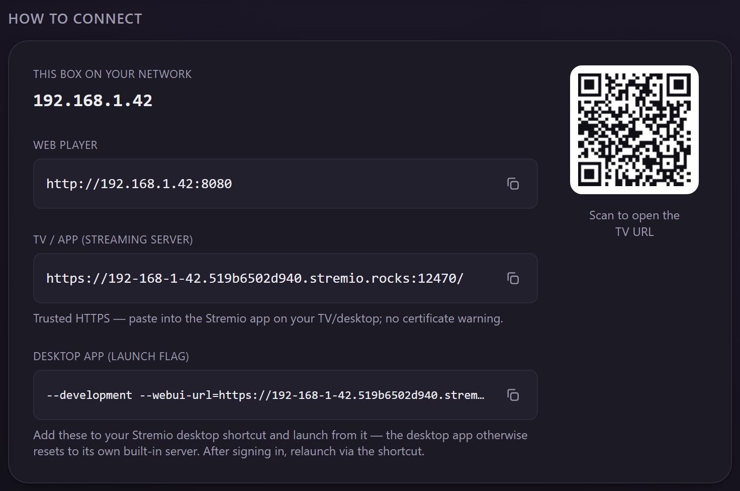 Appliance web admin: how to connect — box IP, copy-paste URLs, and a QR code for TVs